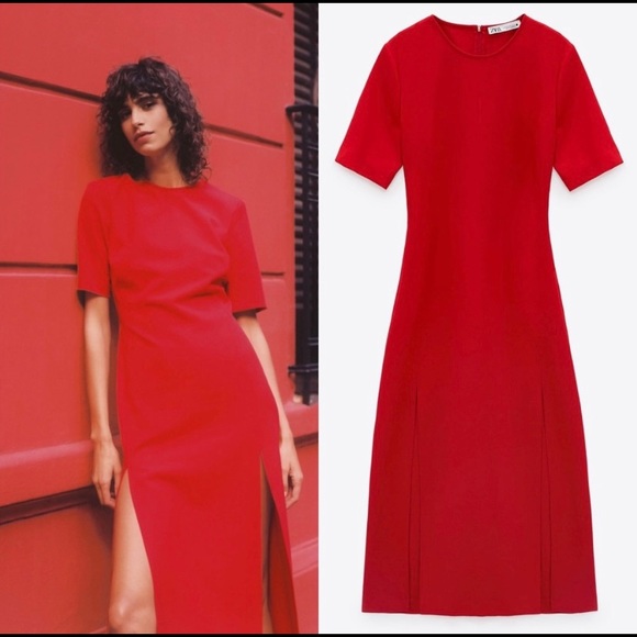 Zara Dresses & Skirts - New NWT Zara Midi Dress With Slits Red Extra Small Blogger’s Fav! 2636/703